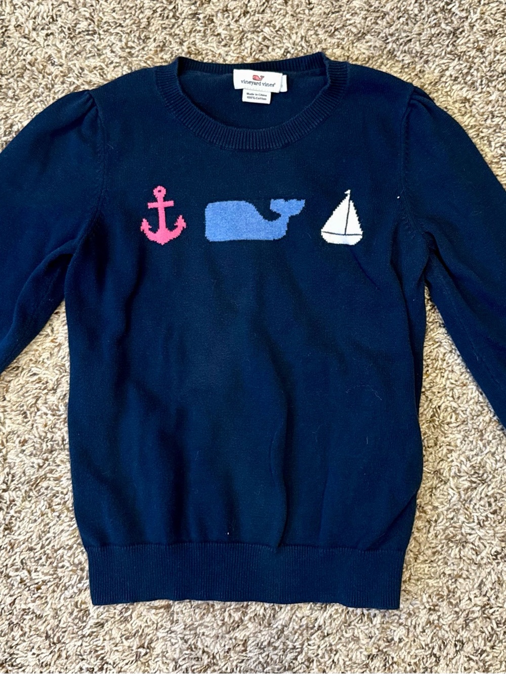 Vineyard Vines Kids Navy Whale & Anchor Crewneck Sweater Size Small 7/8